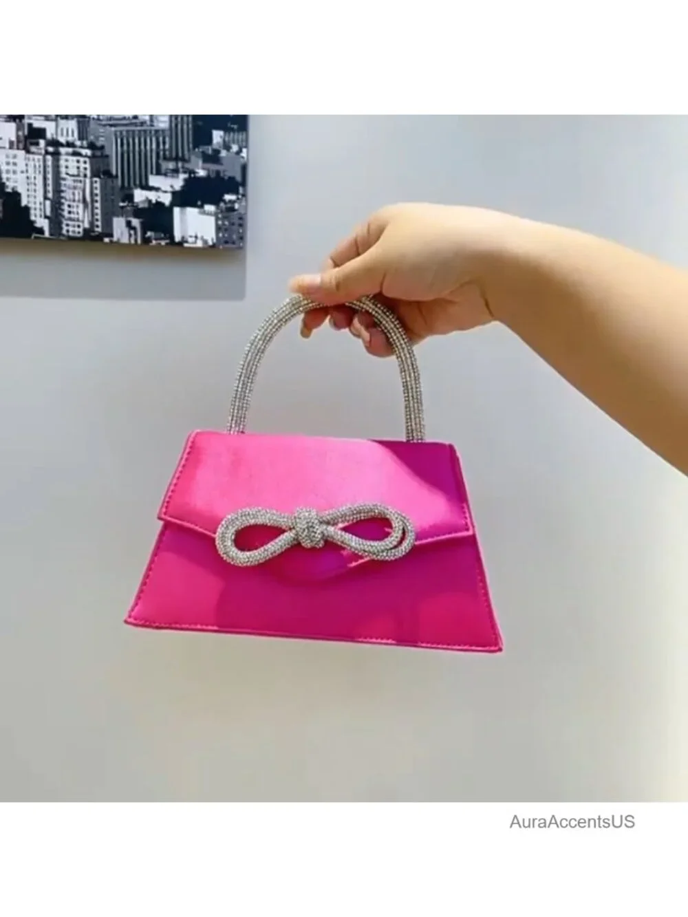 Satin Rhinestone Bow Clutch Evening Purse Crossbody Shoulder Bag Wedding Prom