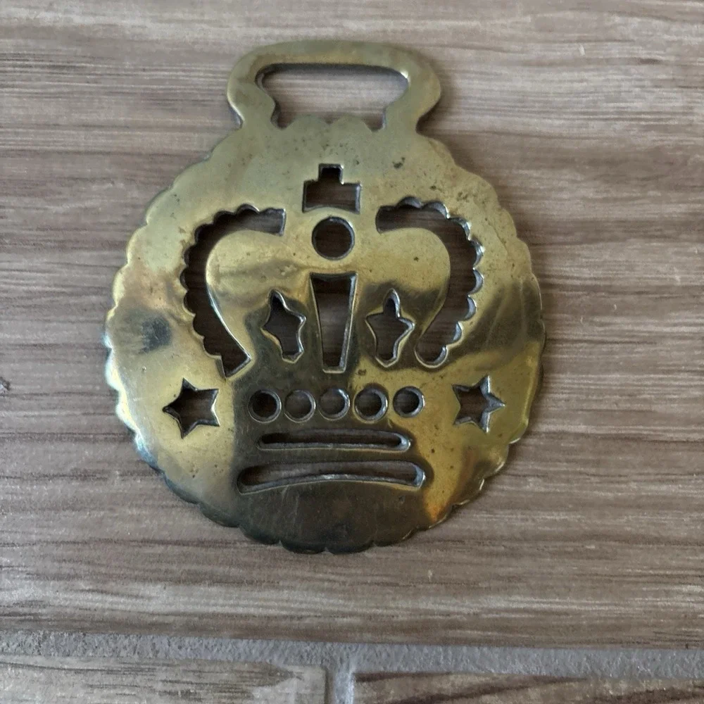 Brass Horse Medallion Antique English Victorian Crown Star Pierced Show Parade