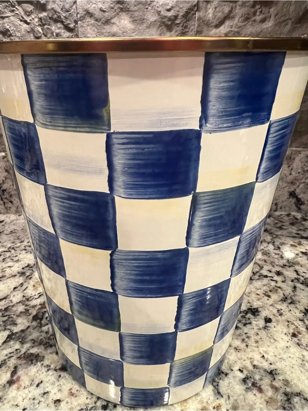 Mackenzie-Childs Royal Check Waste Bin - Trash Can. Great used condition.