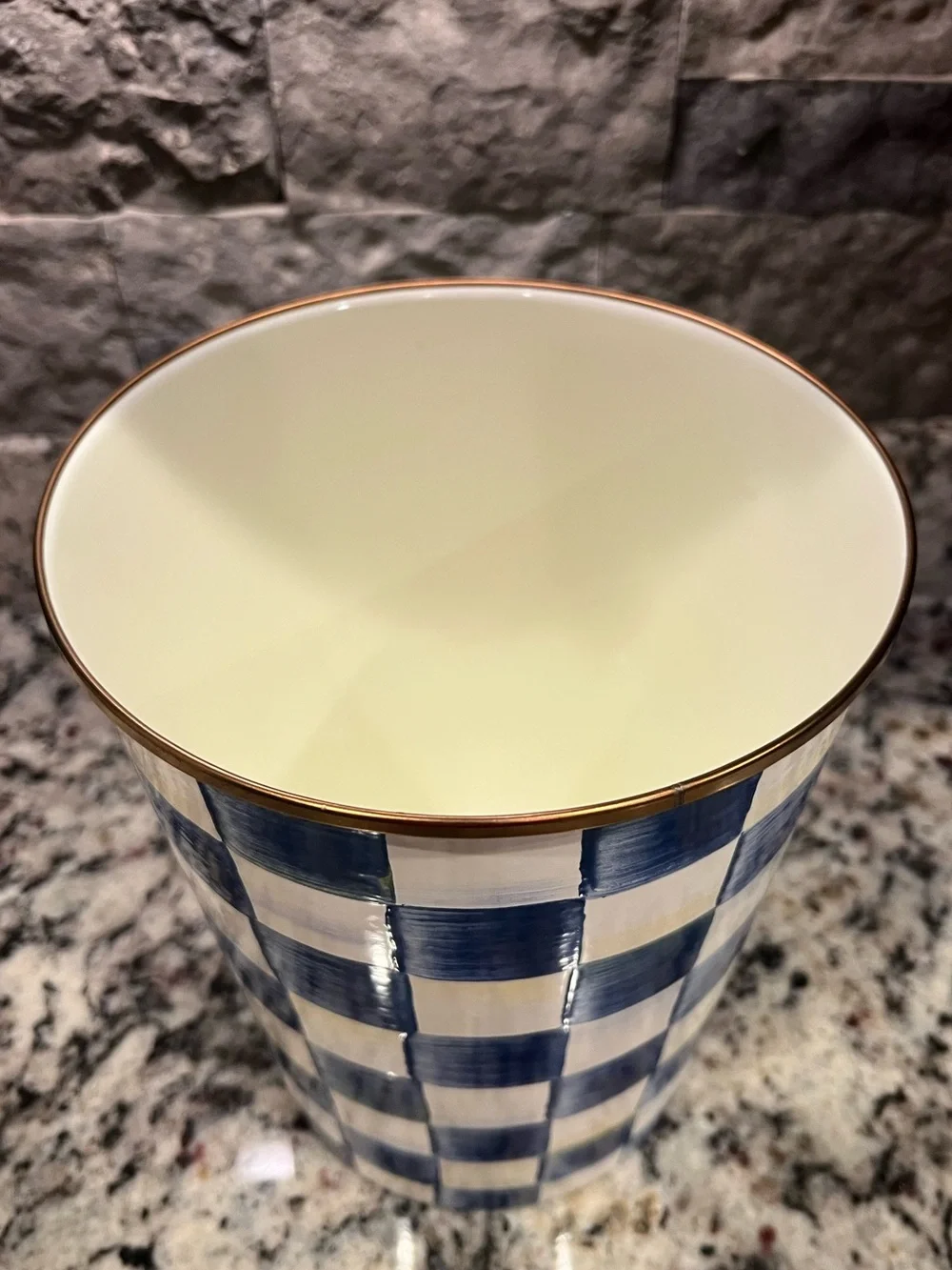 Mackenzie-Childs Royal Check Waste Bin - Trash Can. Great used condition.