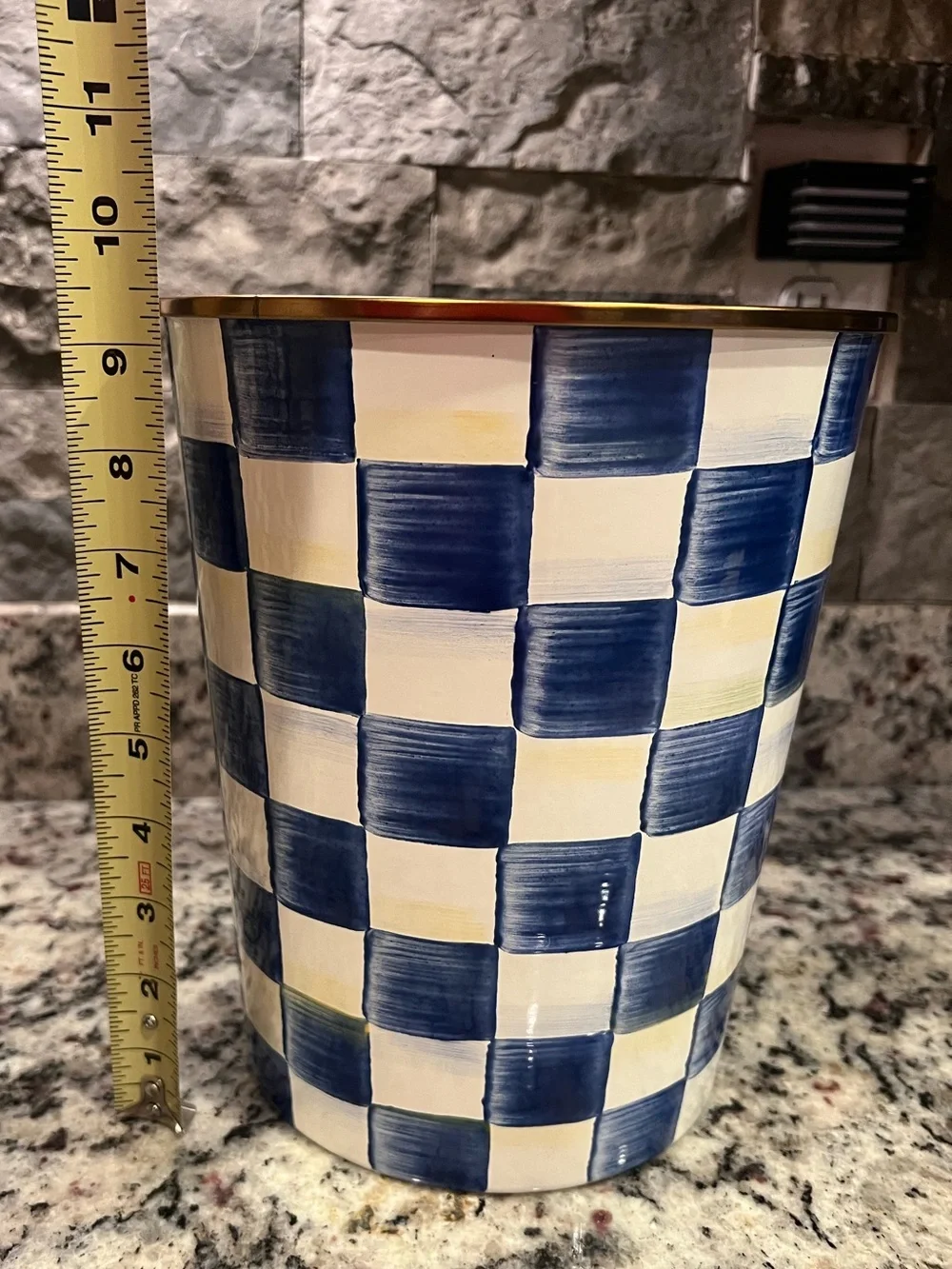 Mackenzie-Childs Royal Check Waste Bin - Trash Can. Great used condition.