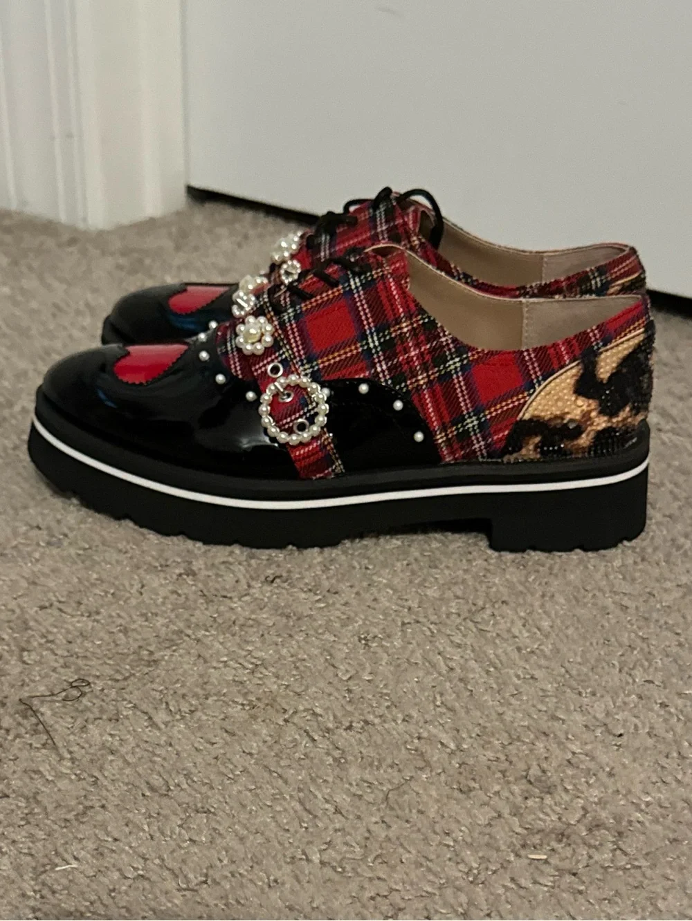 Cool Betsey Johnson size 7.5 red plaid lace up embellished Simonee shoes new
