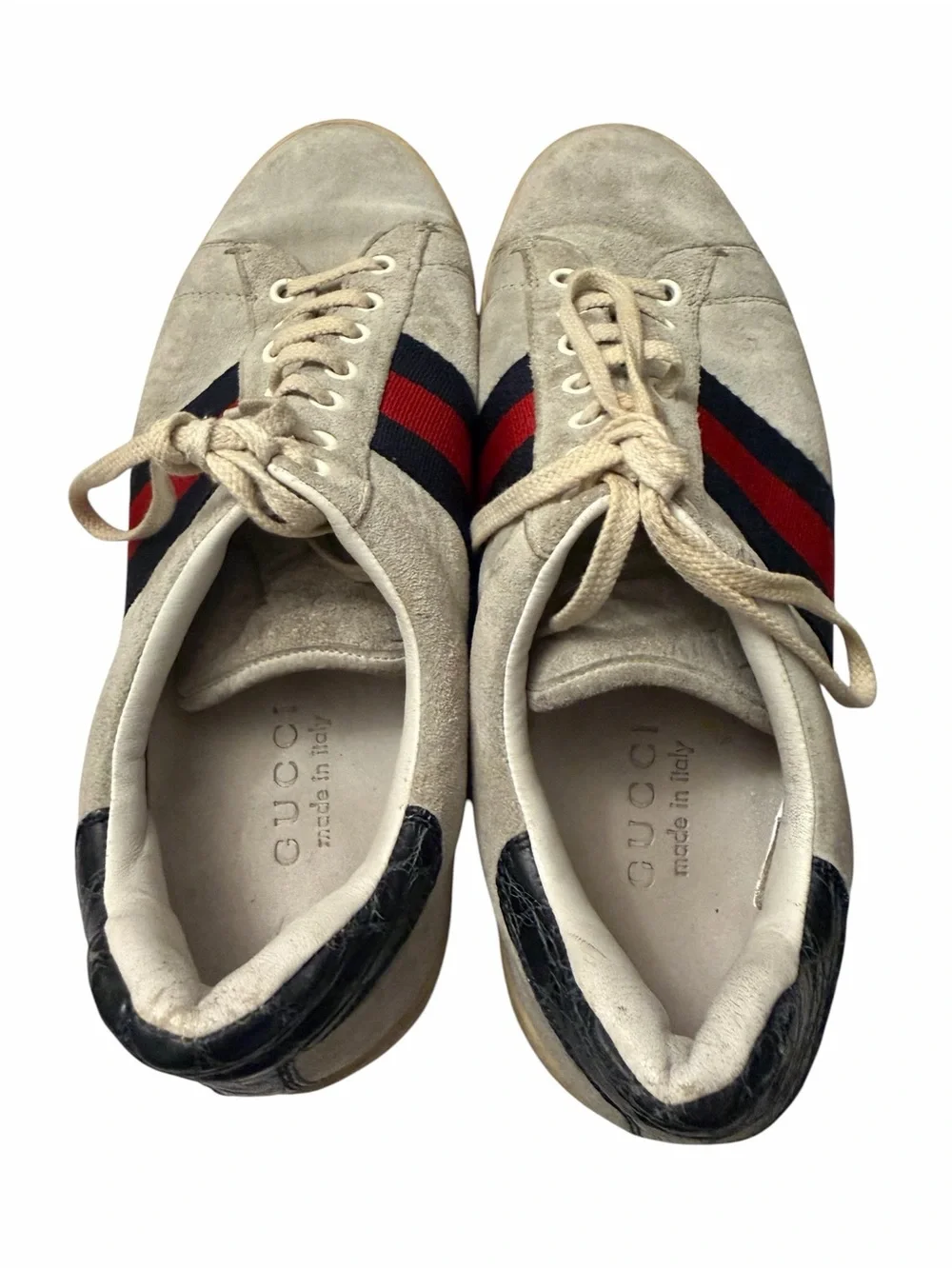 Gucci Beige Suede Sneakers with Red & Navy Web Stripe,pre-owned,SZ 8
