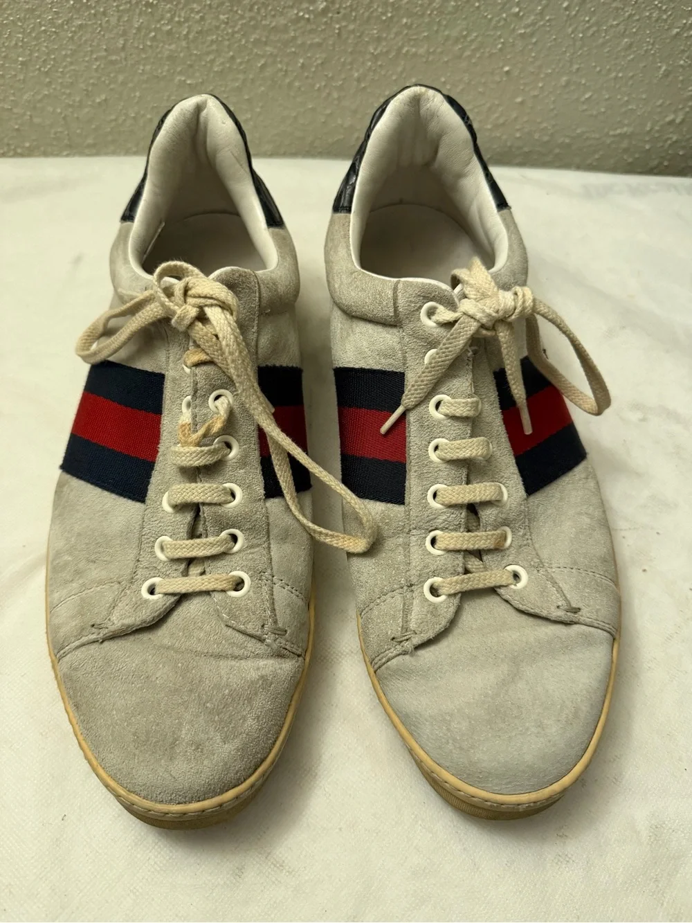 Gucci Beige Suede Sneakers with Red & Navy Web Stripe,pre-owned,SZ 8