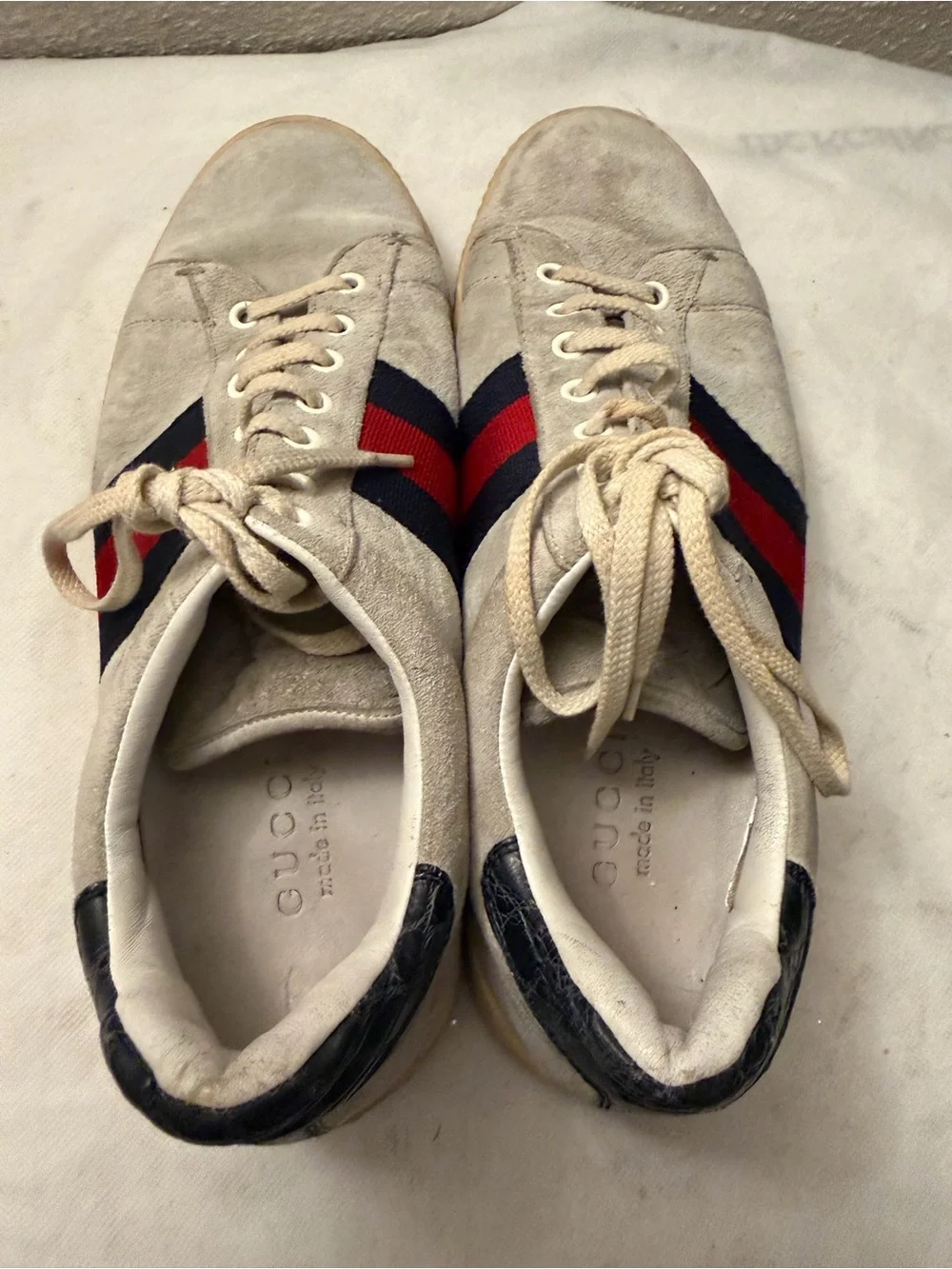 Gucci Beige Suede Sneakers with Red & Navy Web Stripe,pre-owned,SZ 8