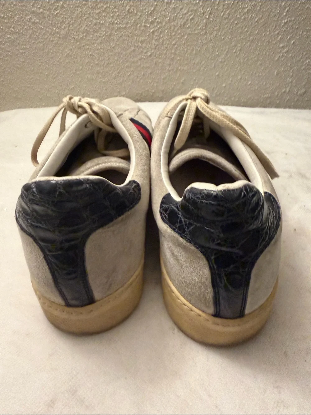 Gucci Beige Suede Sneakers with Red & Navy Web Stripe,pre-owned,SZ 8