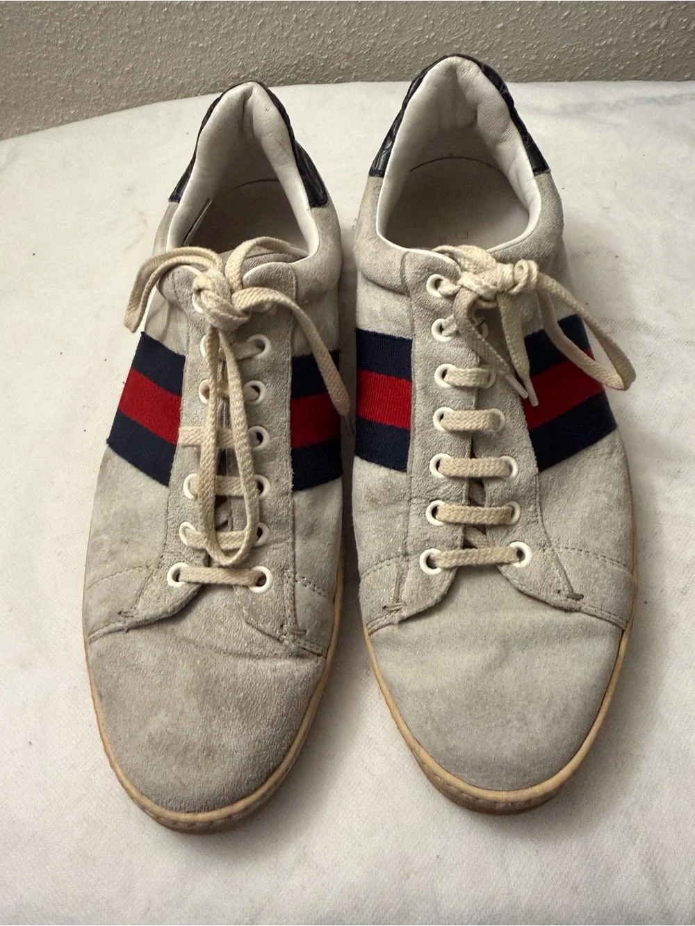 Gucci Beige Suede Sneakers with Red & Navy Web Stripe,pre-owned,SZ 8