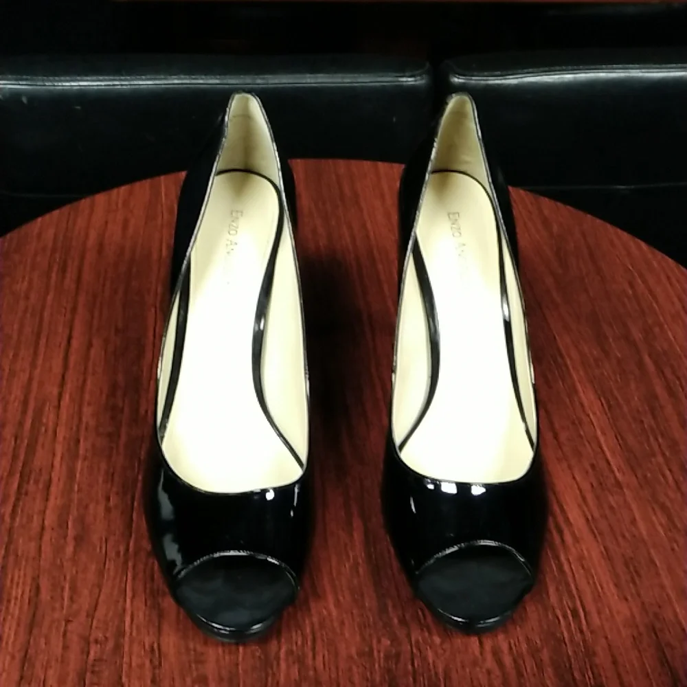 Enzo Angiolini Morgan Black Patent Open Toe Hidden Platform Heels - Size 12M NEW