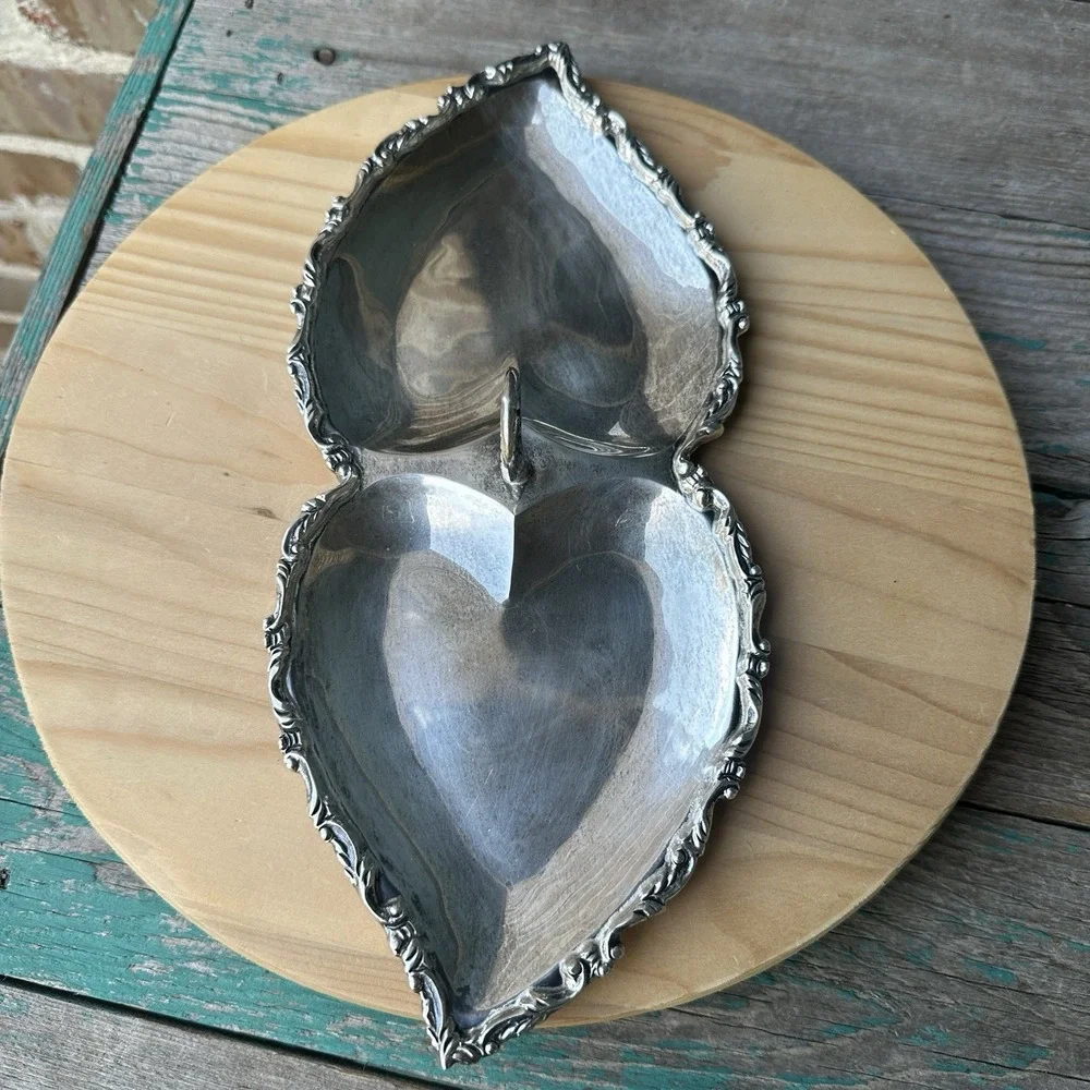 Vintage Jose Marmolejo‎ Double Heart Dish 11.5 Inch Mexico 925 Sterling 309.5g