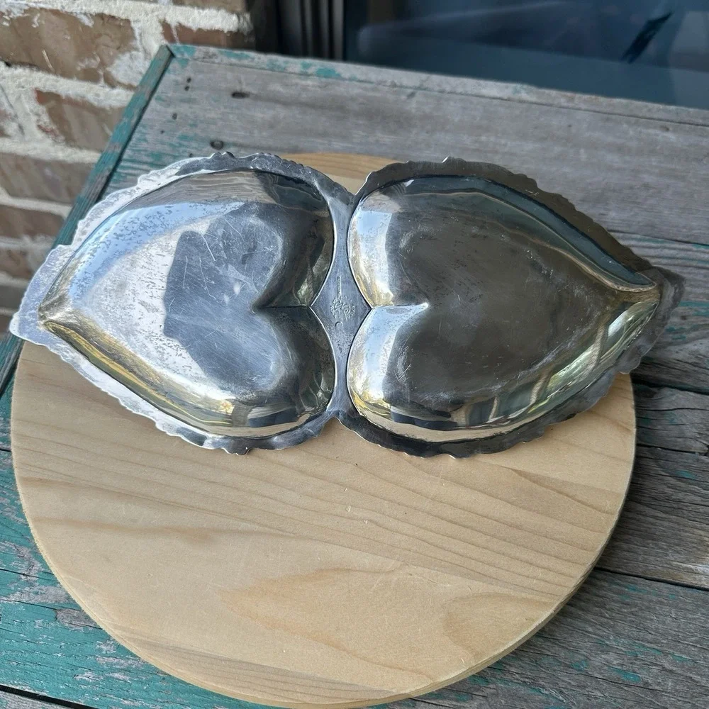 Vintage Jose Marmolejo‎ Double Heart Dish 11.5 Inch Mexico 925 Sterling 309.5g