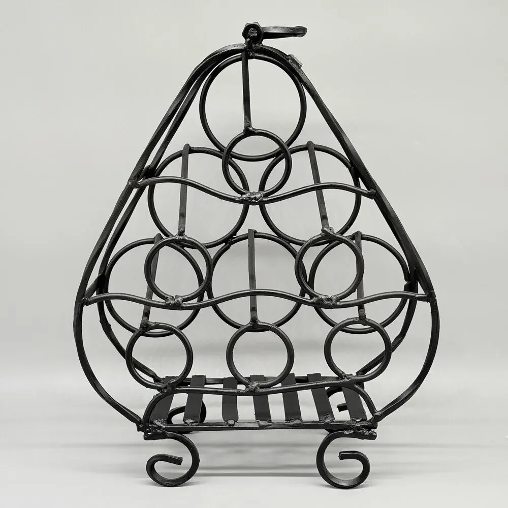 Wrought Iron 6 Bottle Tabletop Wine Rack Rustic Home Decor Storage With Handle