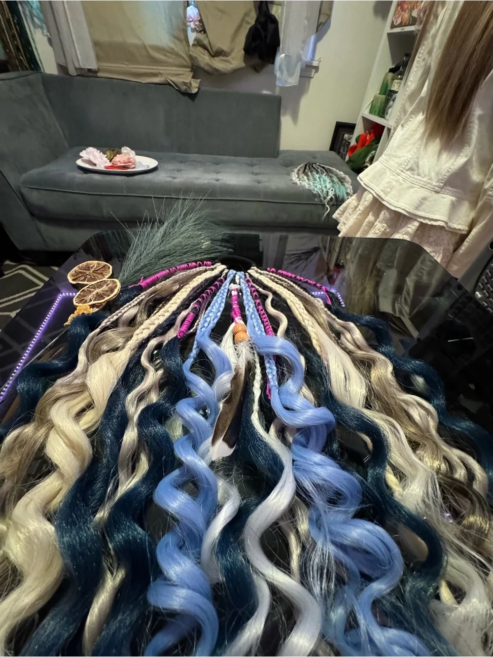 Curly Clip-In Hair Extensions in Blue and Blonde - Voluminous Waves