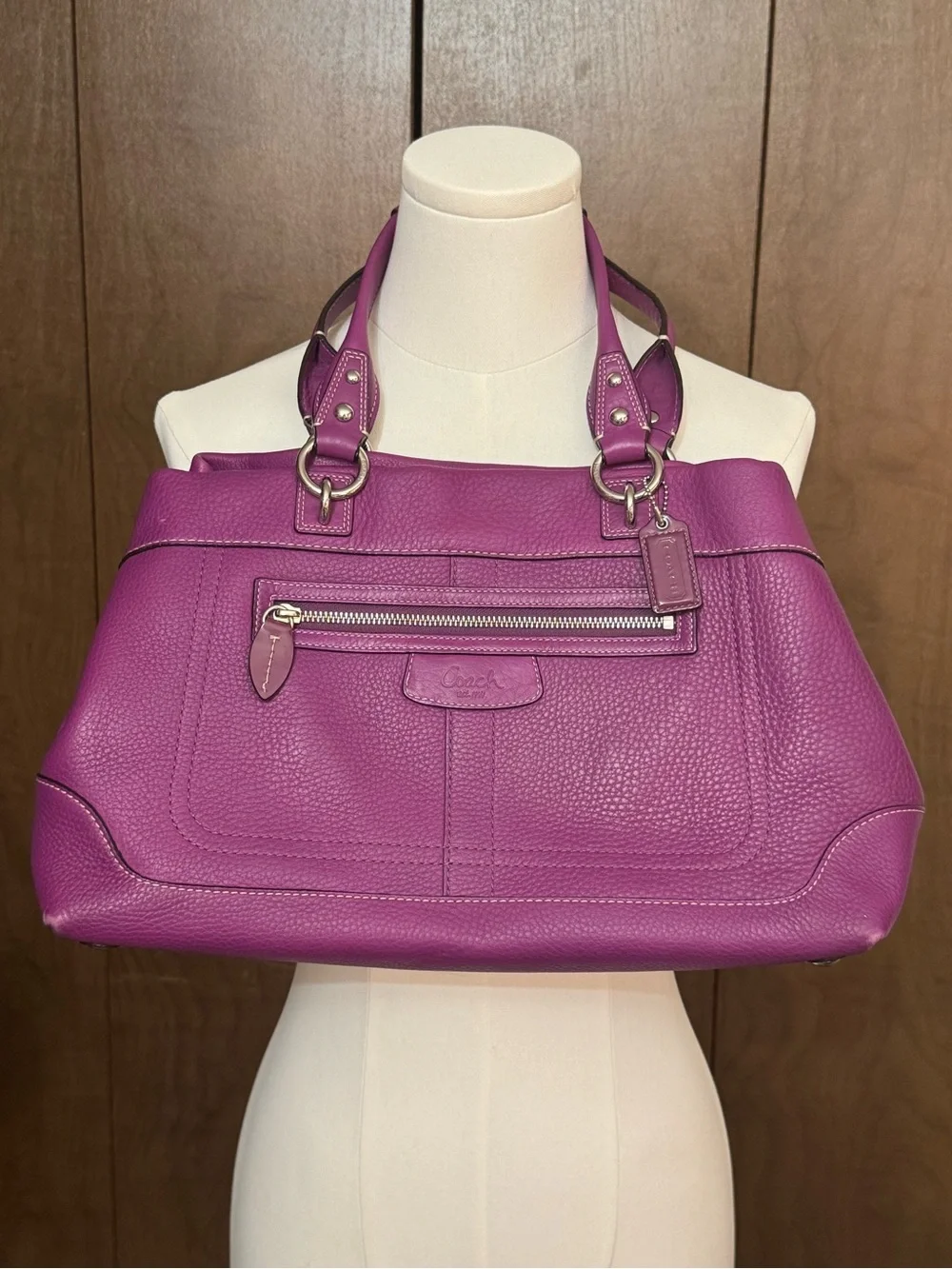 Coach Pebbled Leather Shoulder Tote in Plum