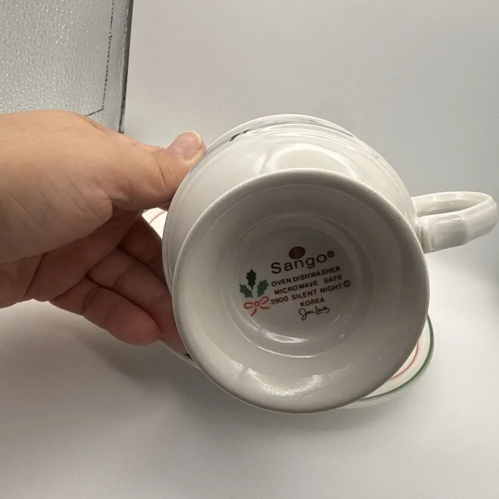Vintage Sango Silent Night Christmas Teacup w. Saucer 1980s Holiday Ice Skate