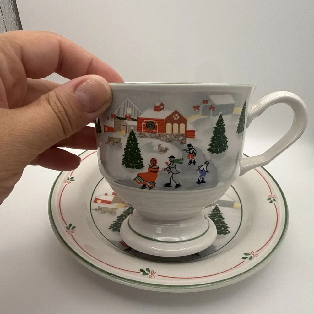 Vintage Sango Silent Night Christmas Teacup w. Saucer 1980s Holiday Ice Skate