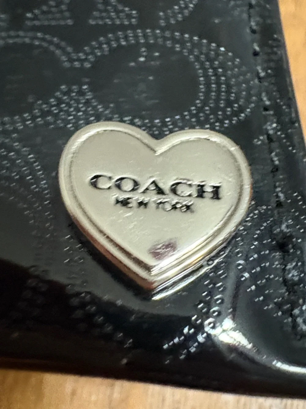 Coach Black Patent Leather Card Holder with Heart Charm