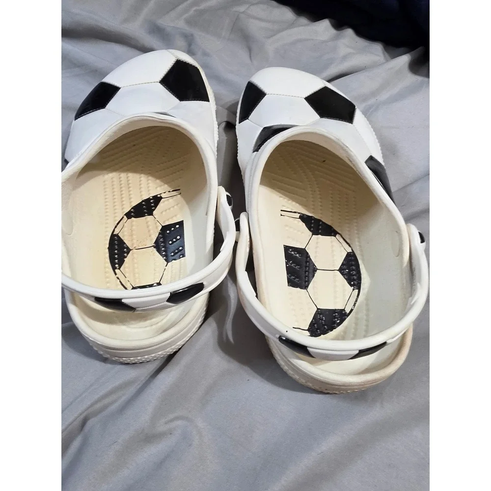 Crocs Classic Soccer Ball Print Clogs White Black Kids Size J6 Sport Shoes