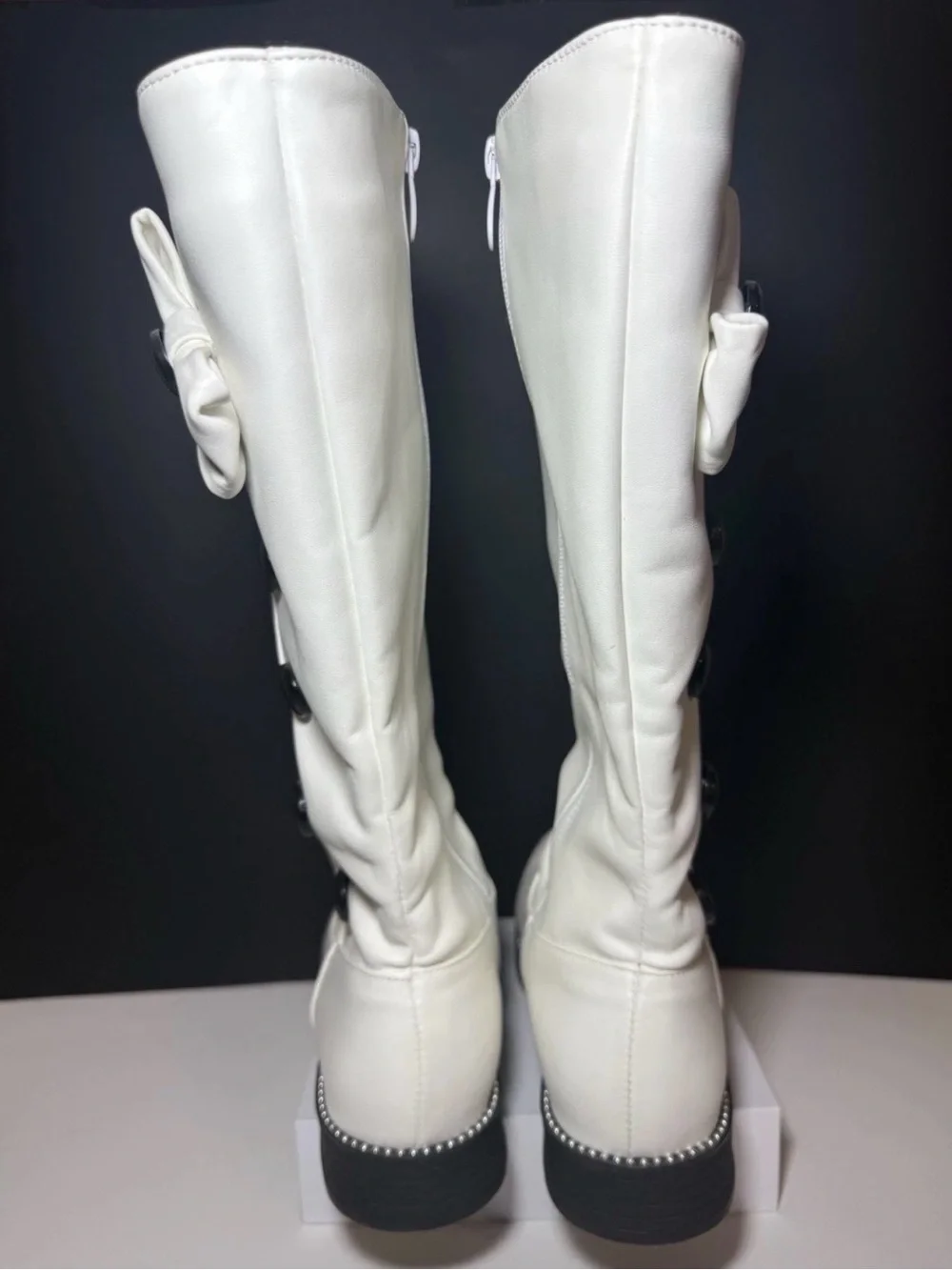 White Knee-High Bow Button Boots - Women