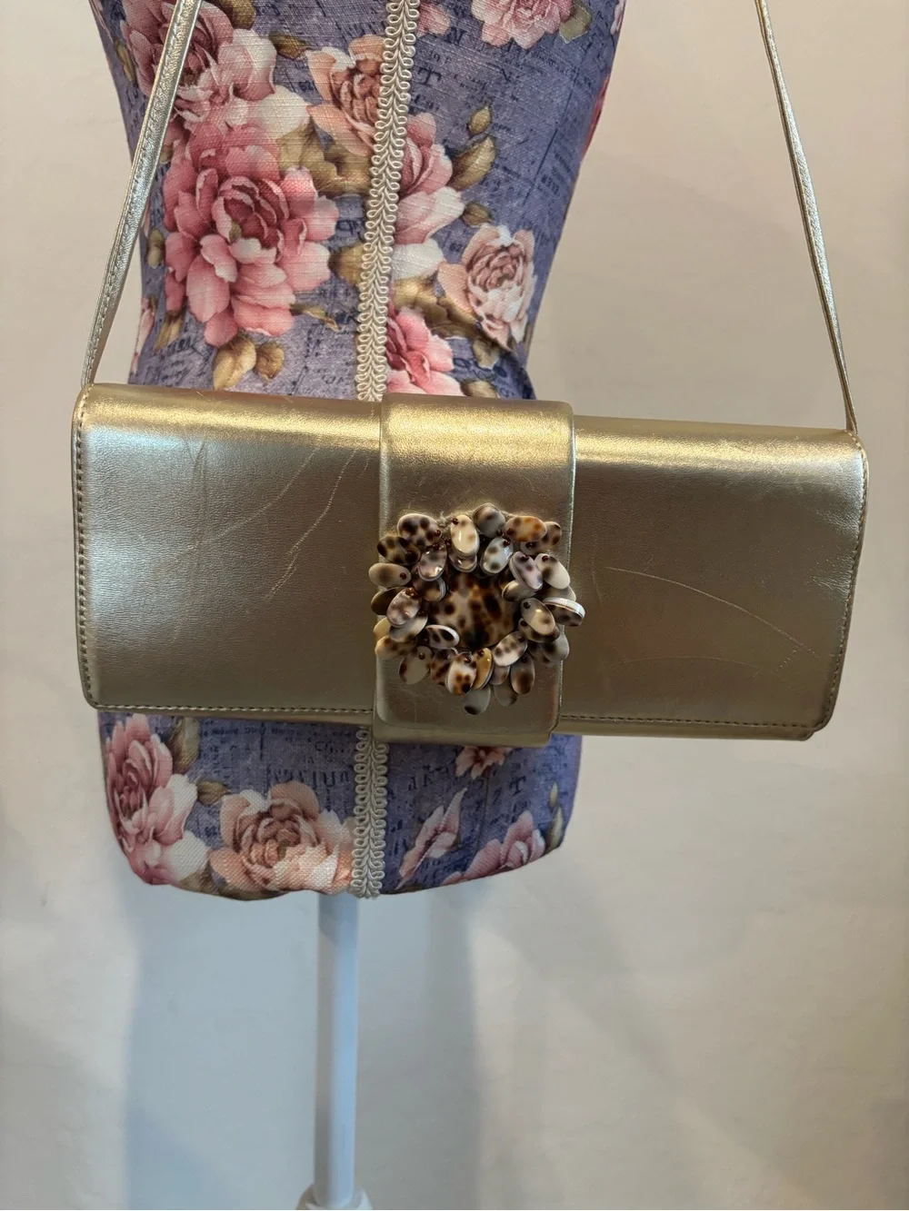 Oscar De La Renta Metallic Gold Evening Clutch with Shell Accent