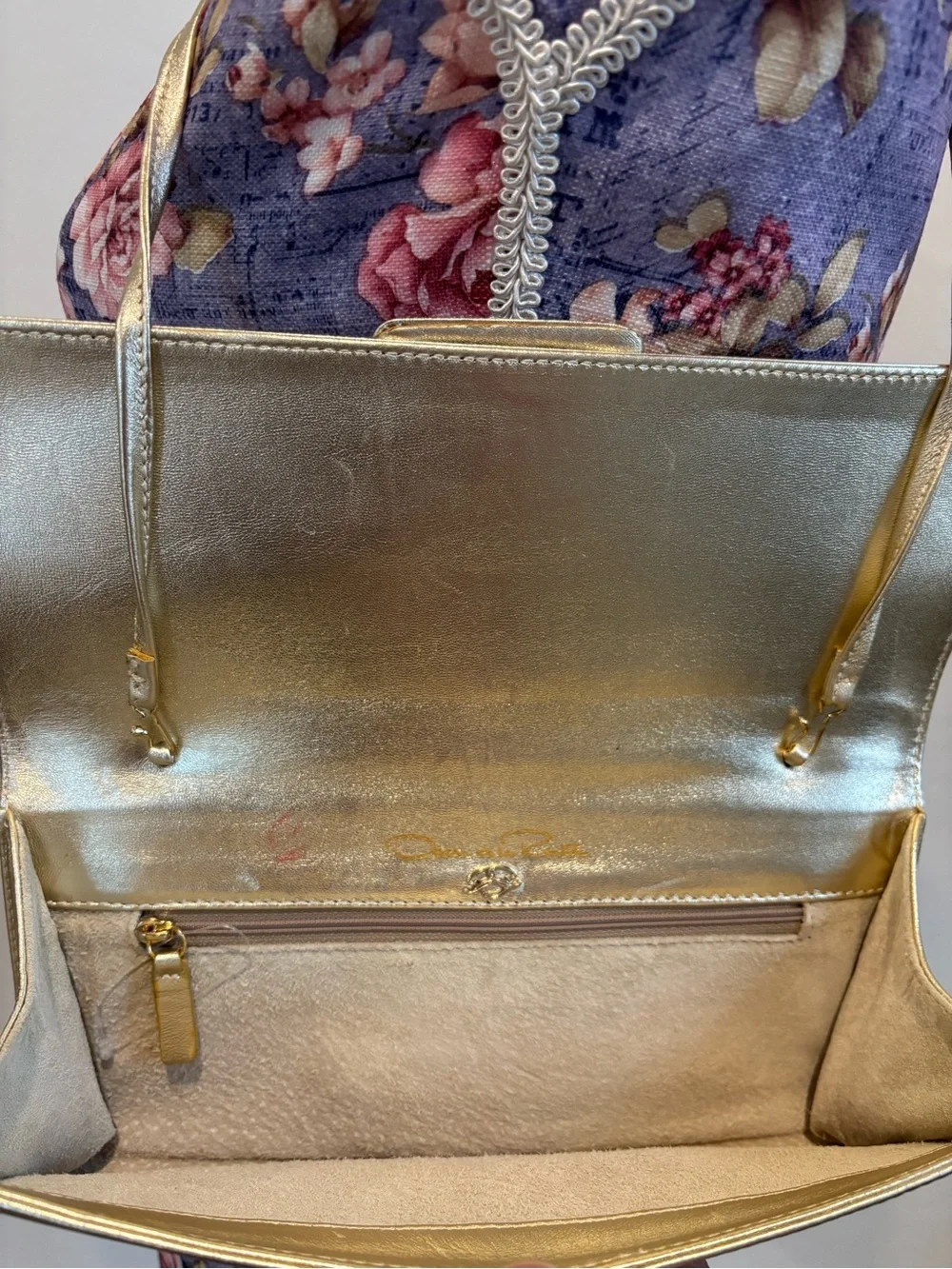 Oscar De La Renta Metallic Gold Evening Clutch with Shell Accent