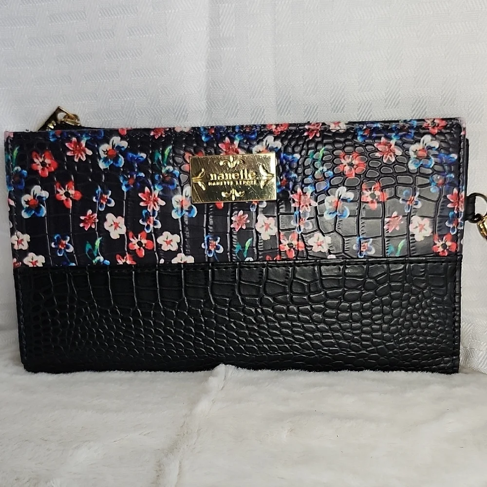 Nanette Lepore Black Floral Wristlet Clutch NEW