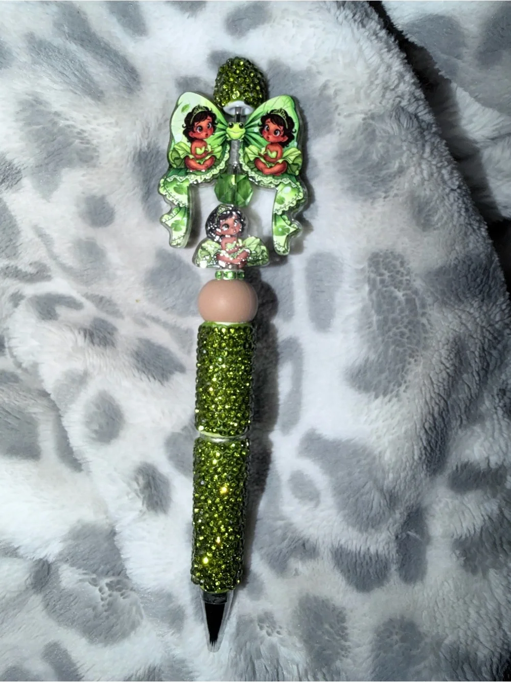 Green Glitter Fairy Bow Beaded Ballpoint Pen CUSTOM MADE !
