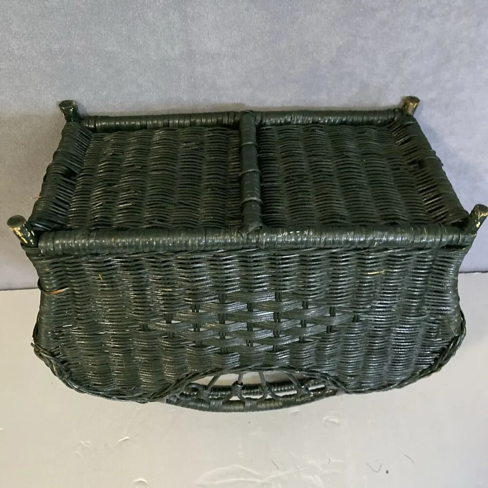 VTG Wicker Magazine Towel Record Storage Basket Green Peacock Shabby Cottage 60s