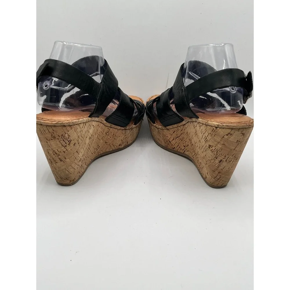 Born Womens Black Leather Woven Strap Cork Wedge Platform Sandals Size 10 M