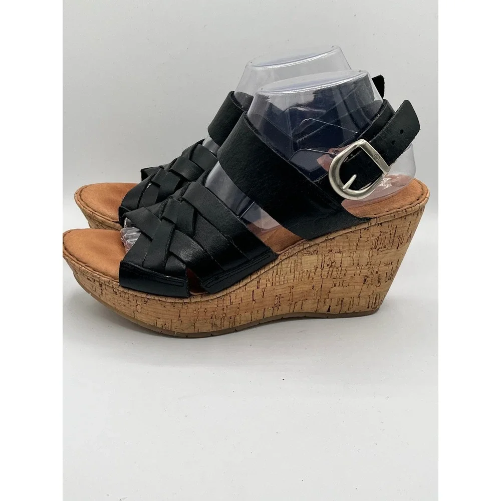 Born Womens Black Leather Woven Strap Cork Wedge Platform Sandals Size 10 M