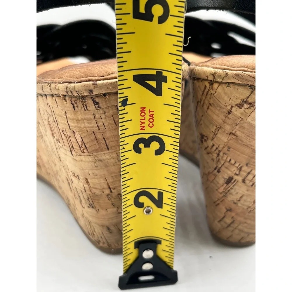 Born Womens Black Leather Woven Strap Cork Wedge Platform Sandals Size 10 M