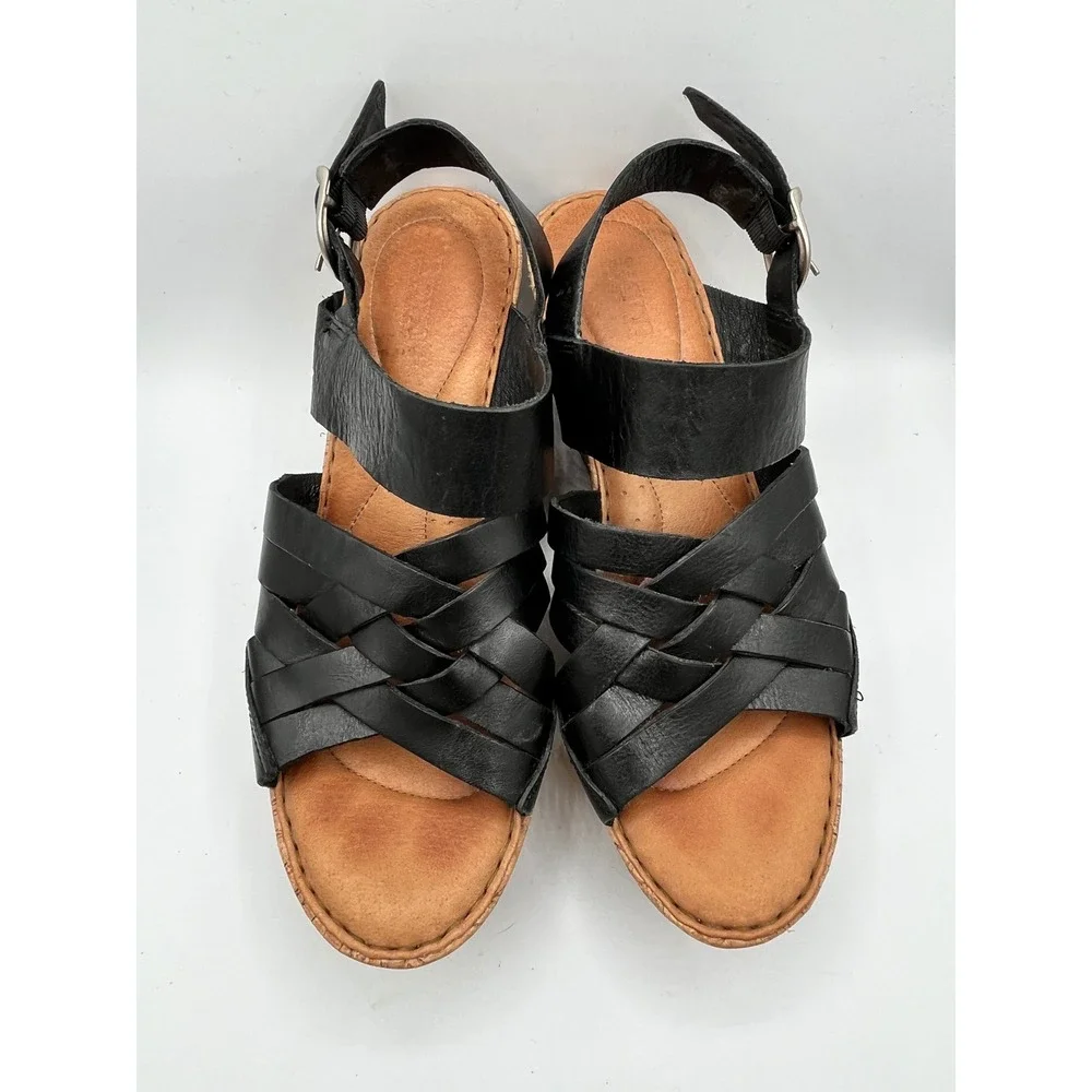 Born Womens Black Leather Woven Strap Cork Wedge Platform Sandals Size 10 M
