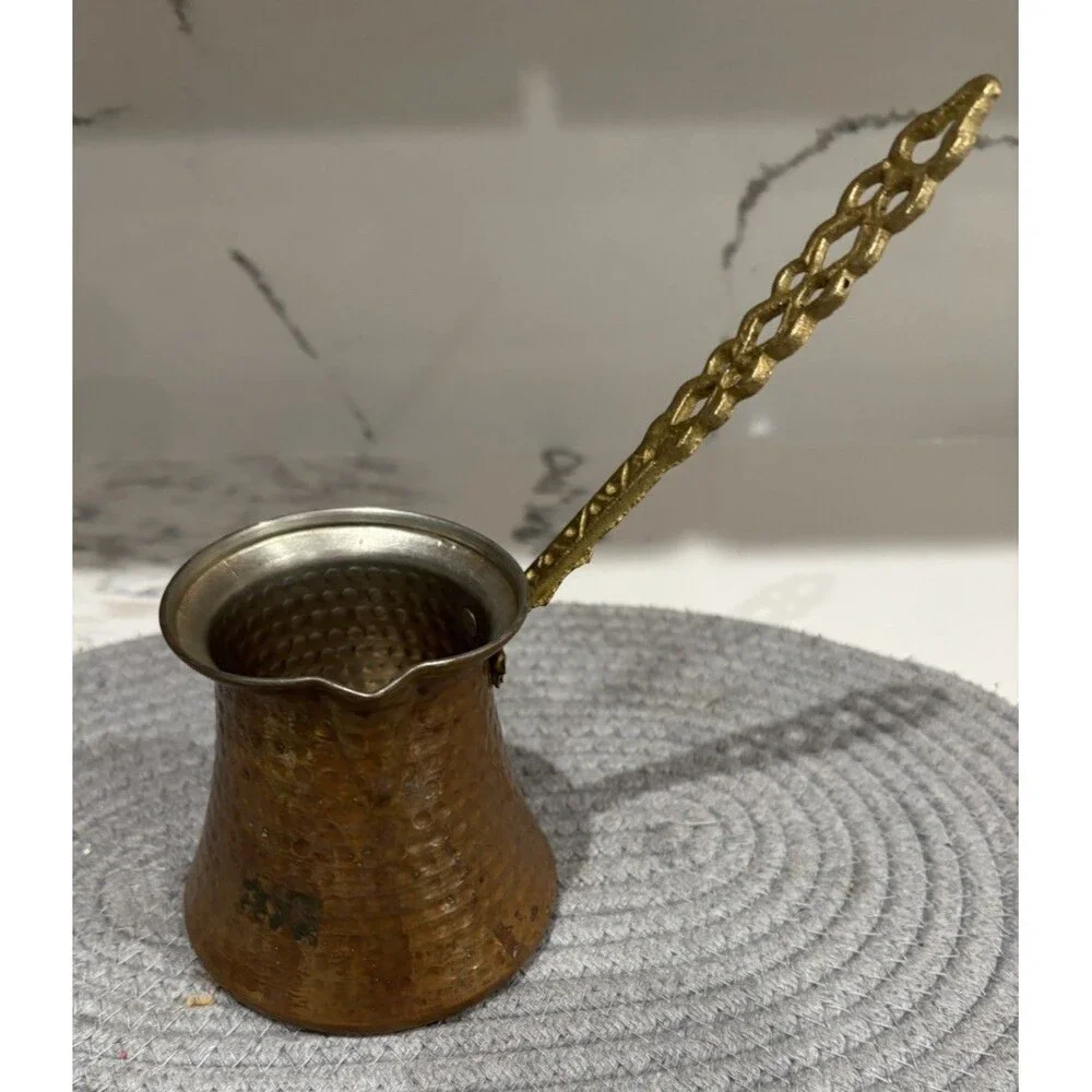 Vintage Hammered Copper Turkish Coffee Pot With Intricate Brass Handle