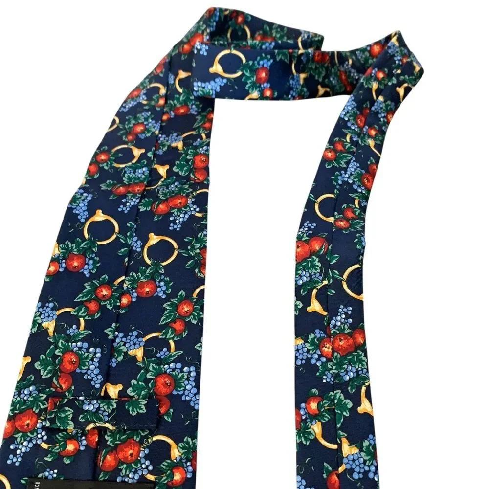 Lancel Paris Silk Floral Fruit Horsebit Stirrup Print Mens Neck Tie Navy Red New