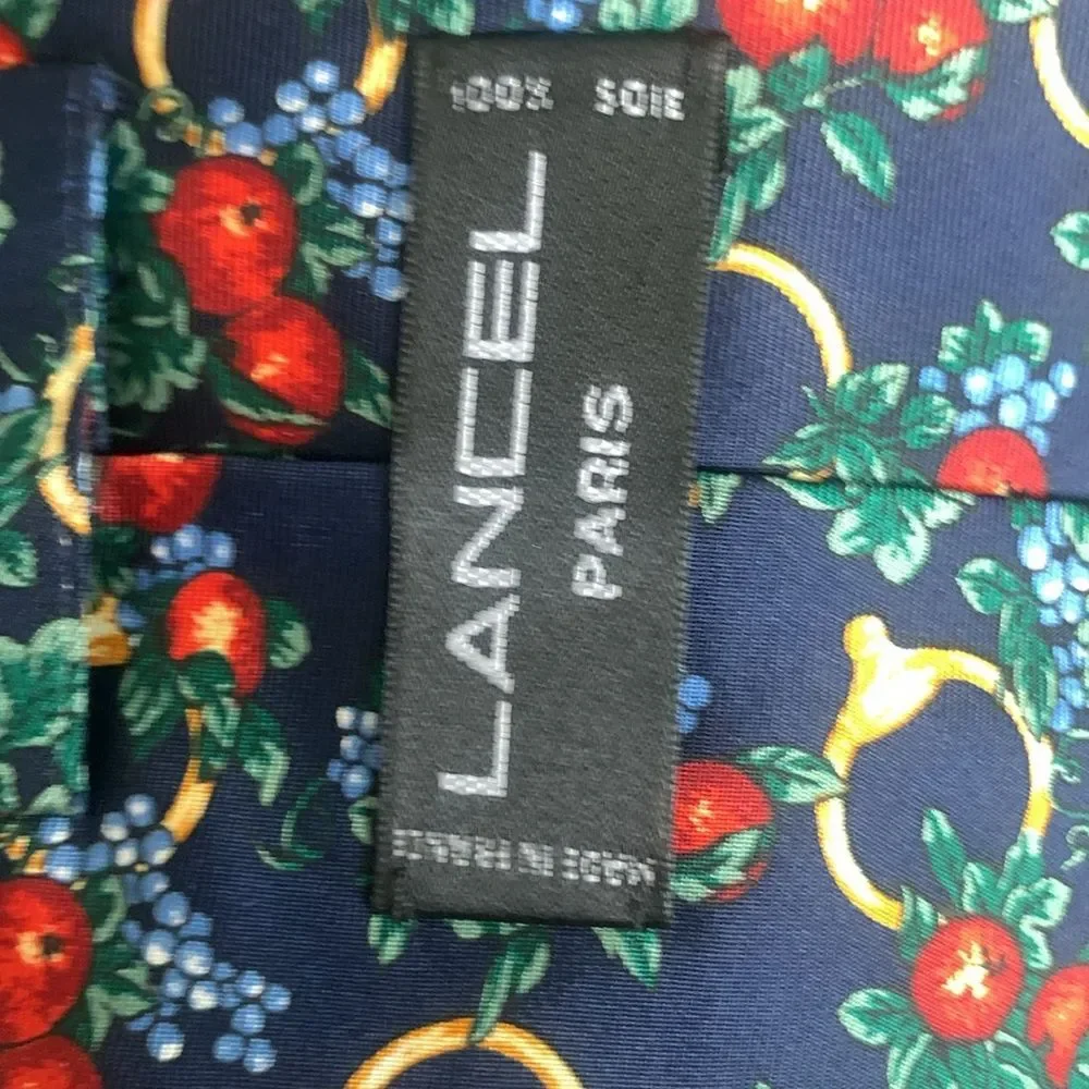 Lancel Paris Silk Floral Fruit Horsebit Stirrup Print Mens Neck Tie Navy Red New