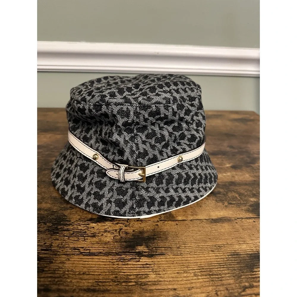 New York And Company Women's Bucket Hat‎ Black Geometric Ivory Belt Gold Accents