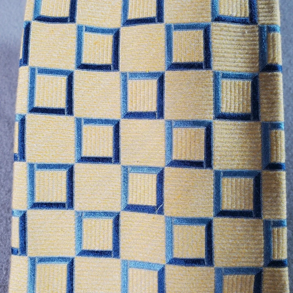 Ermenegildo Zegna Tie Mens Yellow Blue Geometric Print Silk Blend Italy Designer