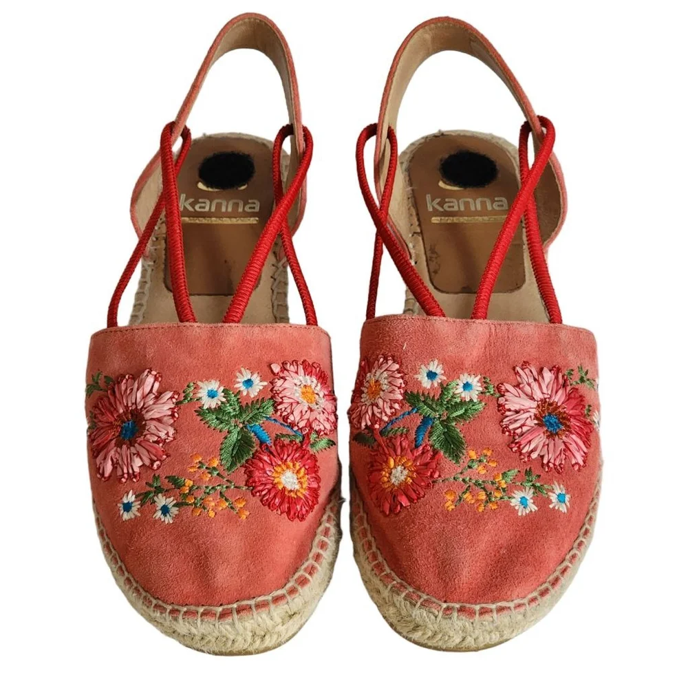KANNA‎ Coral Red Floral Embroidered Espadrilles Size 39 8.5