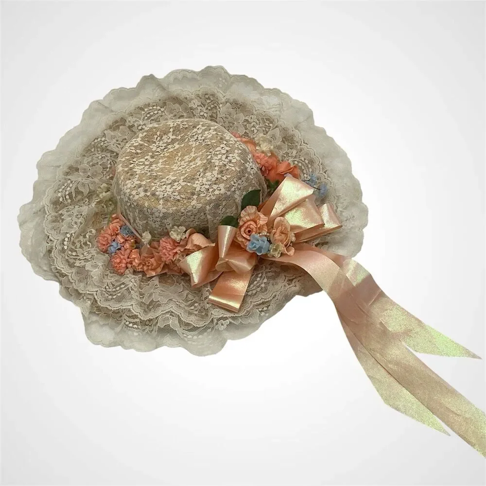 Vintage Romantic Lace Straw Sun Hat Lot Floral Ribbon Wide Brim Cottagecore 2 Pc