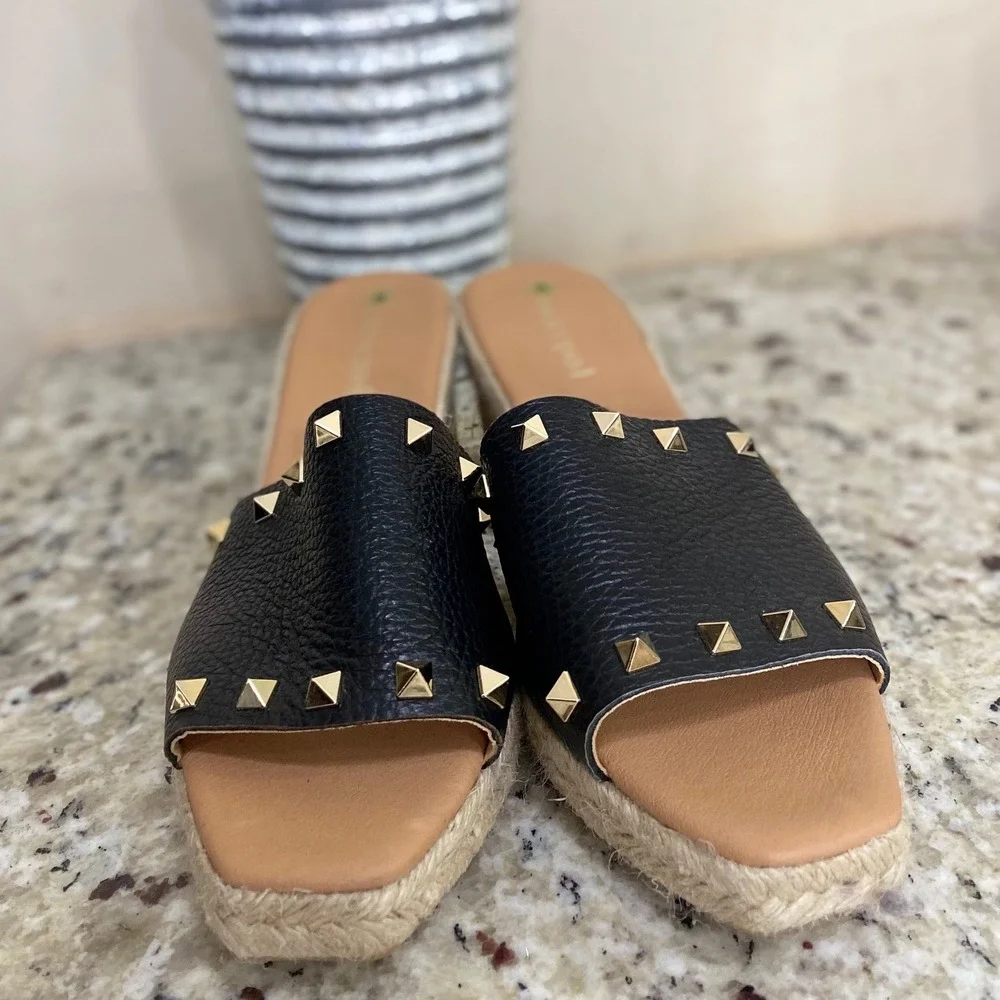 Maypol Black Pebbled Leather Studded Espadrille Wedge Sandals Made in Spain 39 8