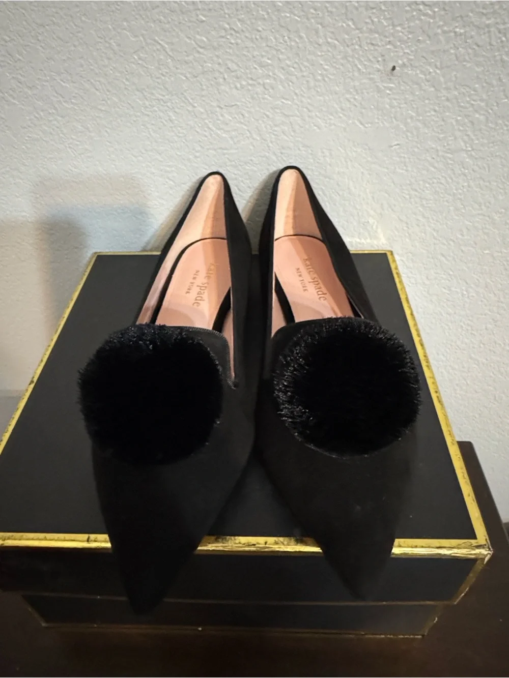kate spade Black Pointed Toe Flats with Pom-Pom