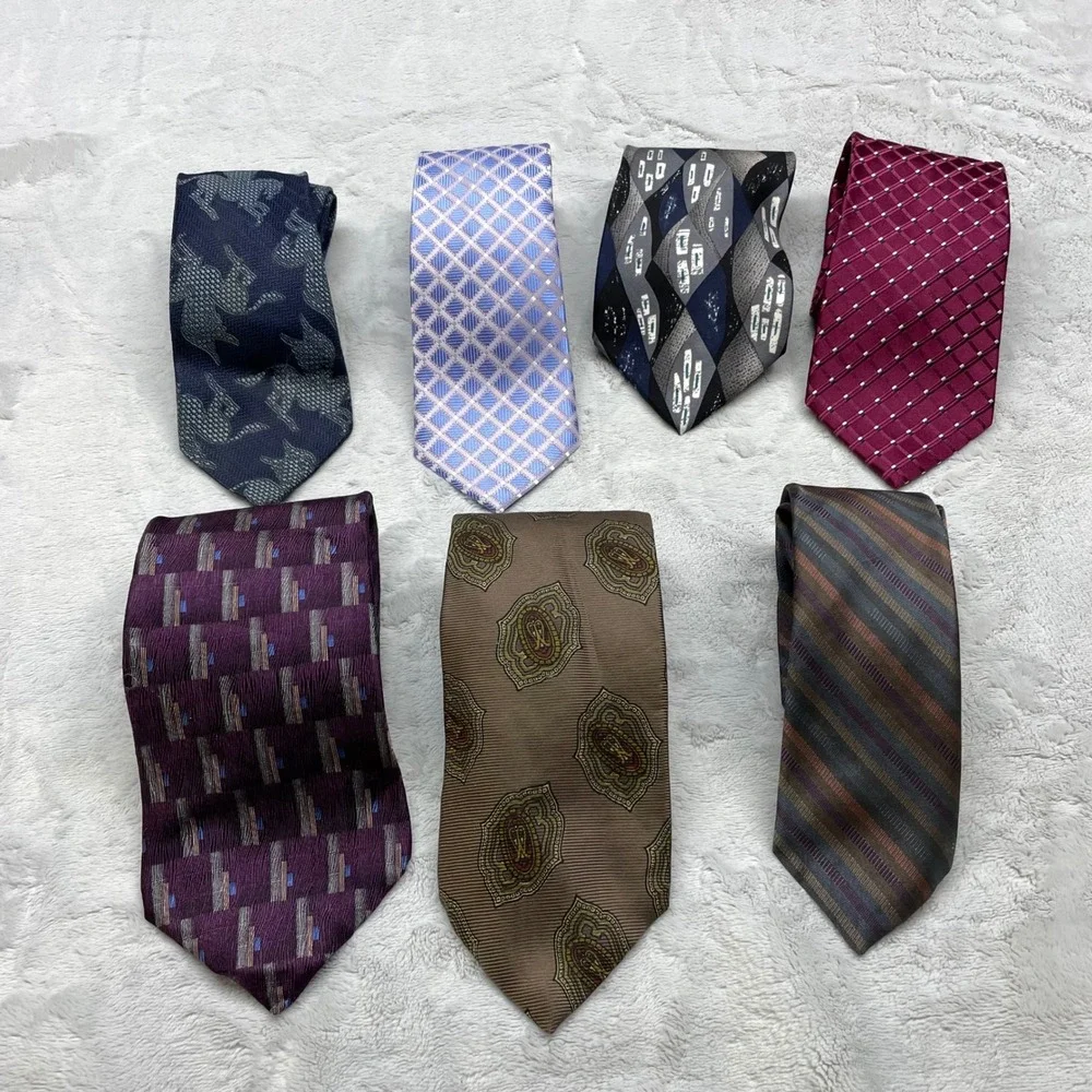 Mixed Brand Lot of 7 Mens Neckties OS Multicolor Silk Polyester Patterned Bundle
