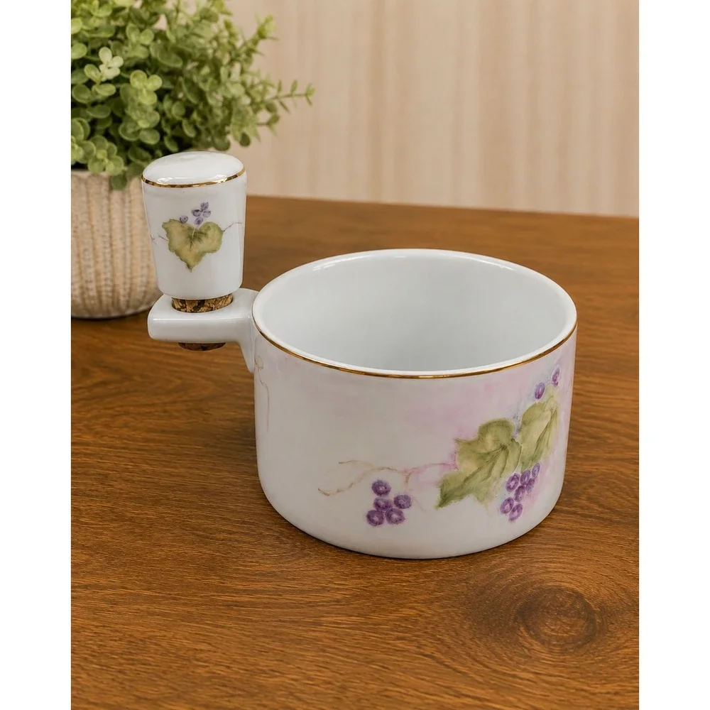 Hand Painted Porcelain Wine Coaster with Matching Grape Vine Cork Stopper Rare