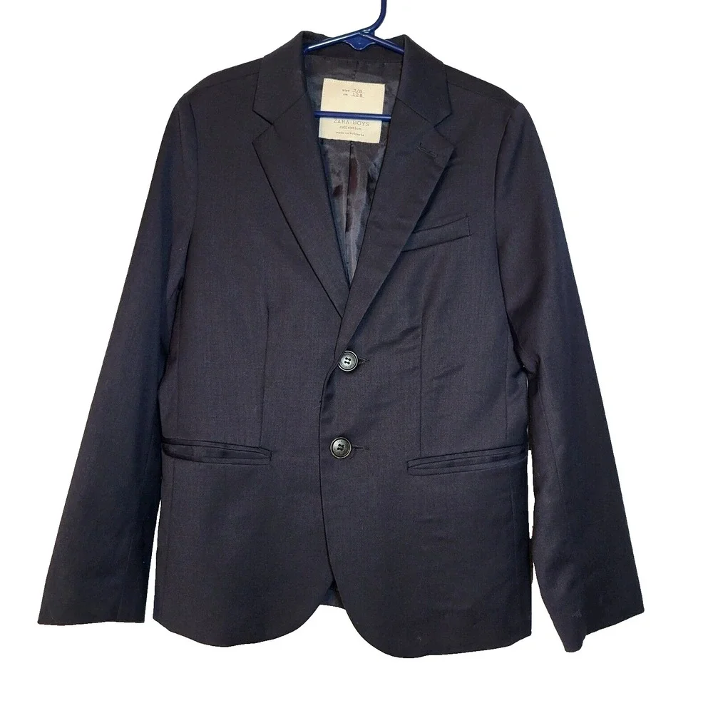 Zara Boys Navy Blue Blazer Boy's Size 7/8 2 Button Front 3 Button Sleeve Pockets
