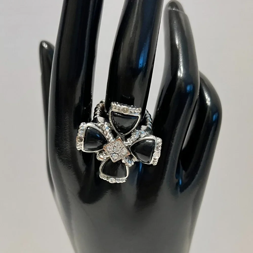 Large Silver & Black Cross w/Rhinestones‎ Stretch Statement Ring