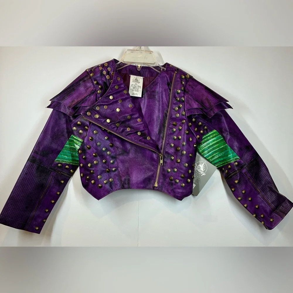 Disney Purple Studded Cropped Leather Moto Jacket with Gold Accents Size 5/6 NWT