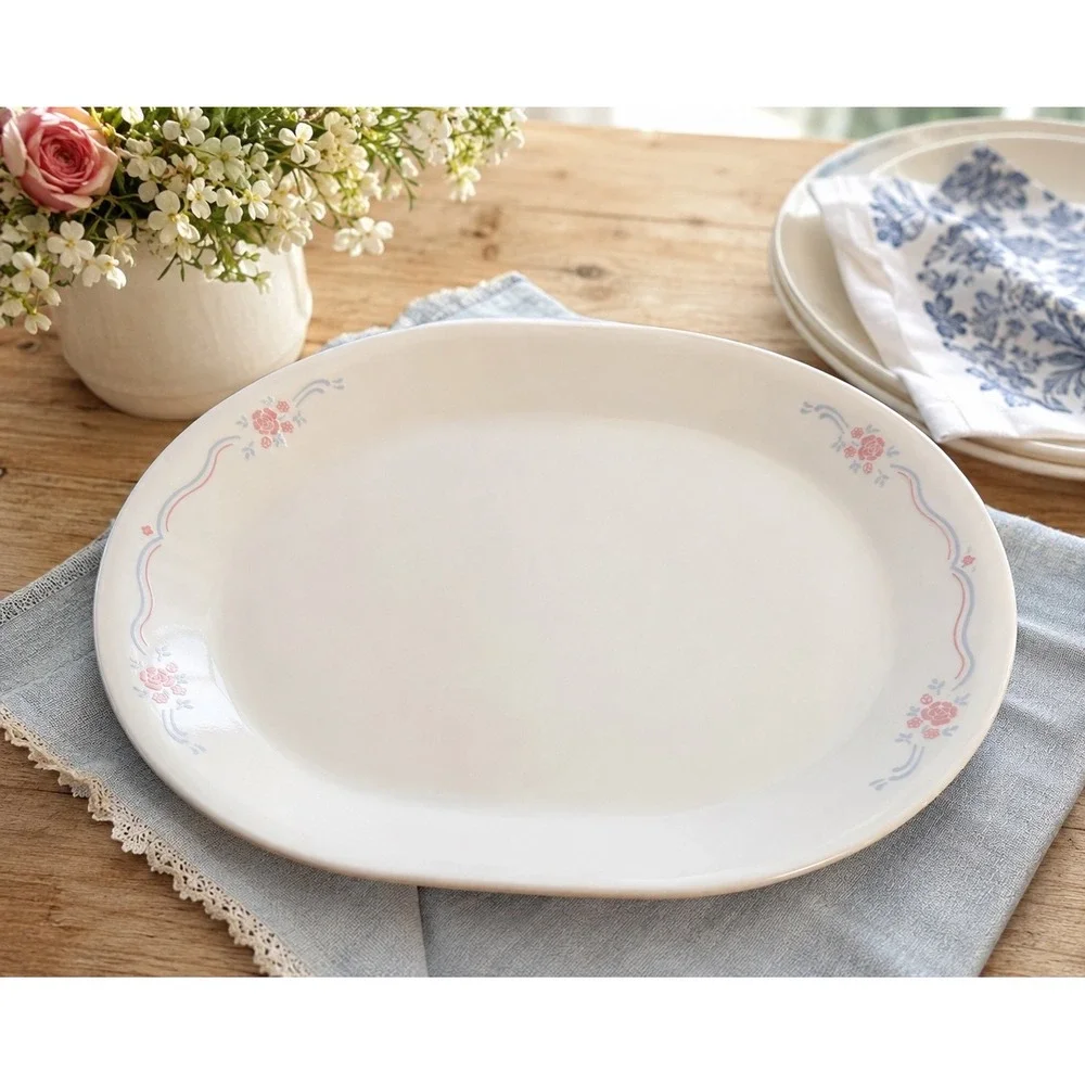 Vintage Corelle Pink‎ Blue Floral Oval Serving Platter 12.5