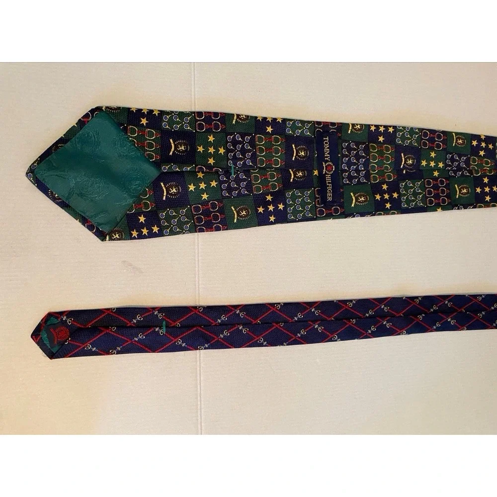 Tommy Hilfiger Mens Silk Tie Navy Green Equestrian Crest Stars Made in USA