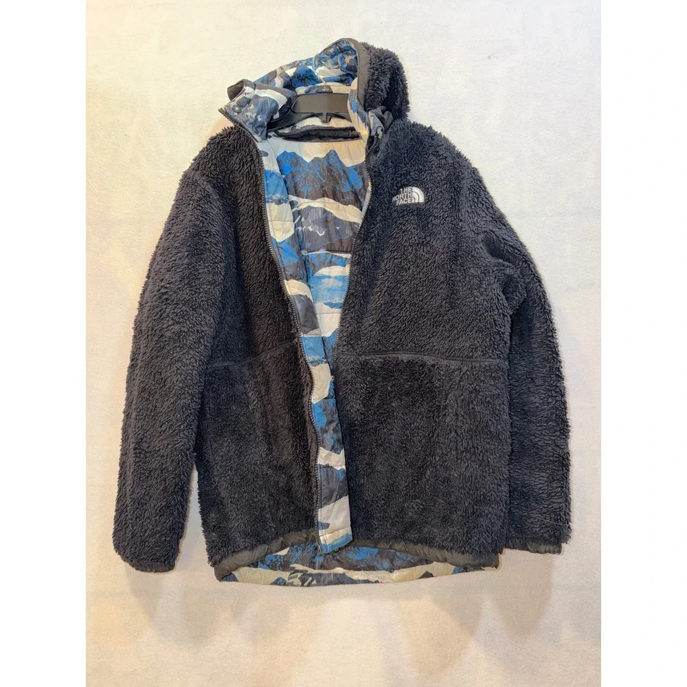 The North Face KidsReversible Fuzzy Fleece Jacket Mountain Print Hood Black14/16