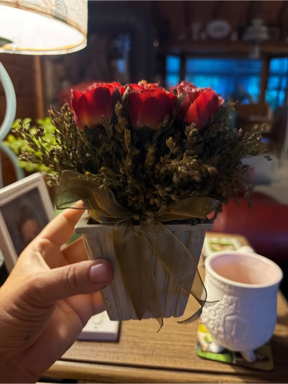 Red Rose Artificial Floral Arrangement in Gray Planter - Unbranded