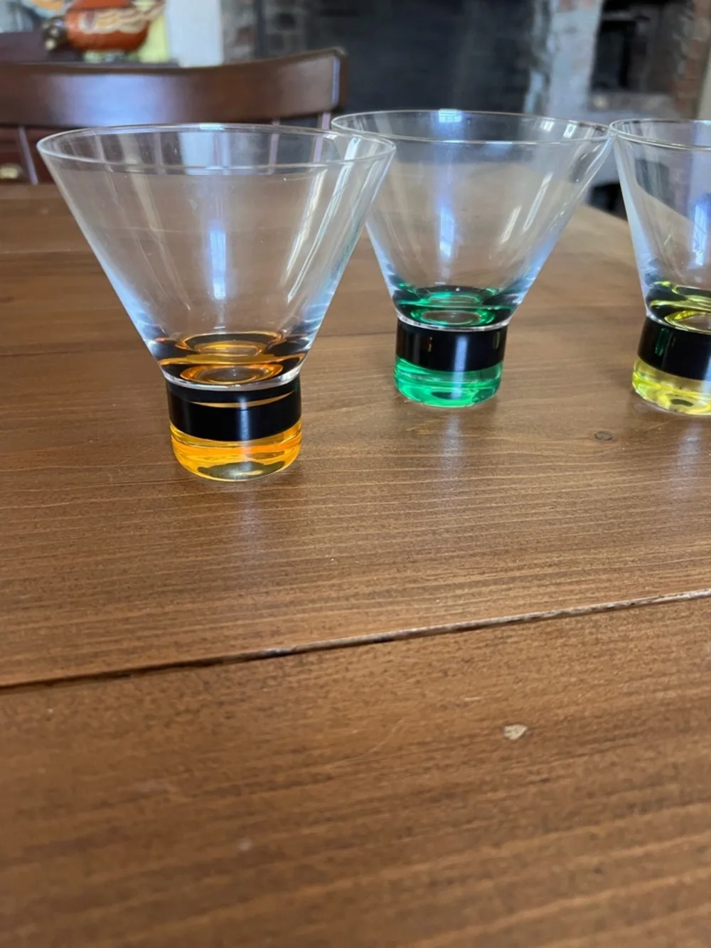 4 Mitbak European Crystal Martini Glasses Colorful Base Black Band Stemless 4x4”